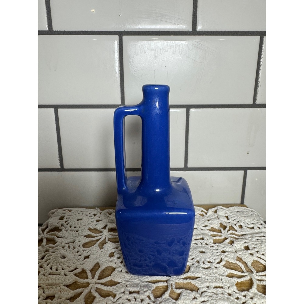 Vintage Cobalt Blue Ceramic Bud Vase Square Base with Handle MCM Decor